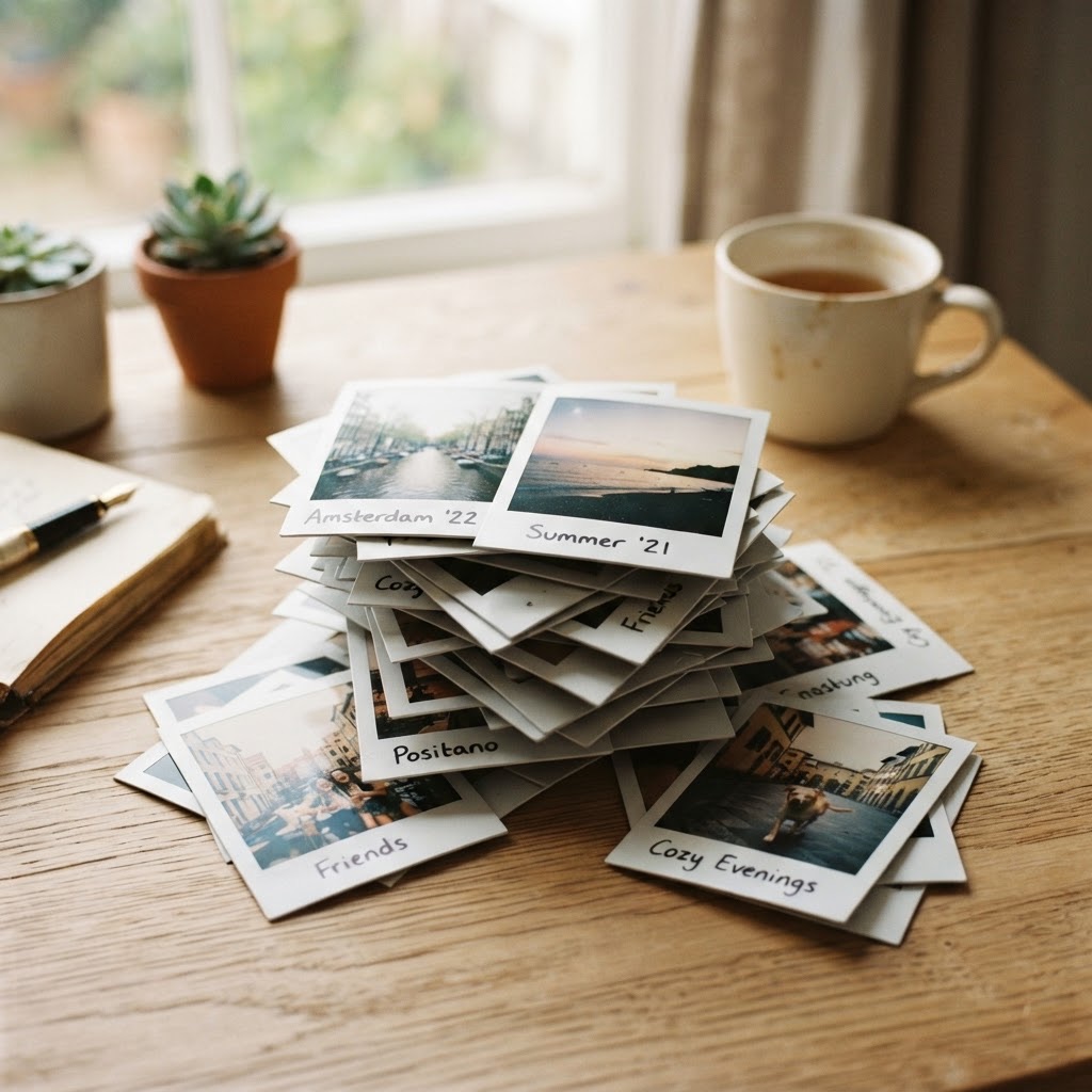 Fotos reveladas em formato polaroid sobre uma mesa